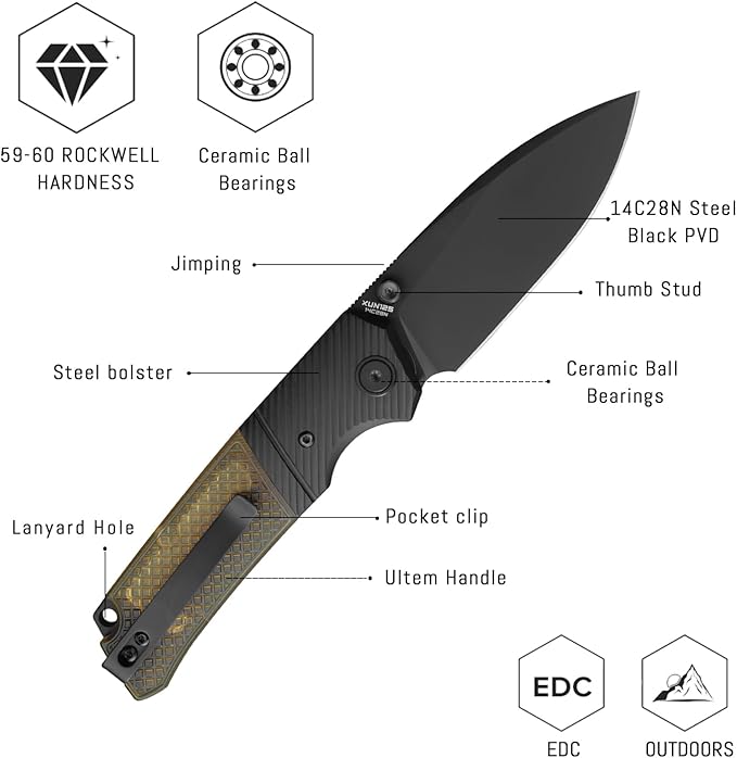 SHO0ZlZ XUN125-JUB Pocket Folding Knife for Man 3.27 14C28N Steel PVD BladeUltem Handle with Reversible Clip for Camping &amp EDC.
