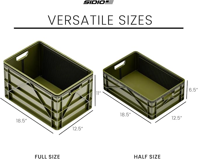 SIDIO Crate Basic Pack - 2 Full-Size &amp 1 Half-Size Heavy Duty Stackable Storage Bins Totes and Containers with Dividers - Durable Plastic Organizer for Home Office Garage and Outdoor Use Gree