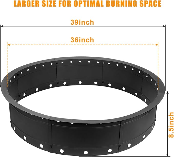 36 Inch Fire Pit Ring Large Outdoor Campfire Pit for Patio Backyard Garden Smokeless Steel Firepit with Air Vent for Efficient Burning &amp Anti-Rust Coating Black Steel