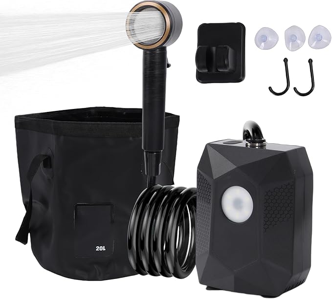 Portable Shower Pump 5 Mode Camping Light with 6000mAh Battery Outdoor Shower Kit with 20L Foldable Bucket for Camping Travel