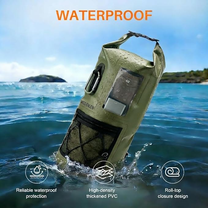 Waterproof Dry Bag 500D PVC Roll Top Dry Sack with 3 Carrying Ways Lightweight Waterproof Bag for Kayaking Swimming Boating Paddle Boarding Hiking Beach (Army Green 25L)