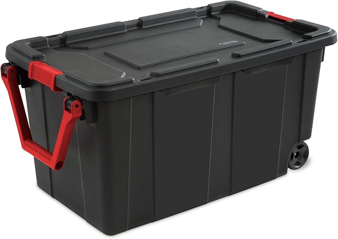 Sterilite 8-Pack Industrial Tote Heavy-Duty Storage Bins w/Lids and Wheels 40 Gallon - Stackable Organizing Containers for Home Garage Office and Basement