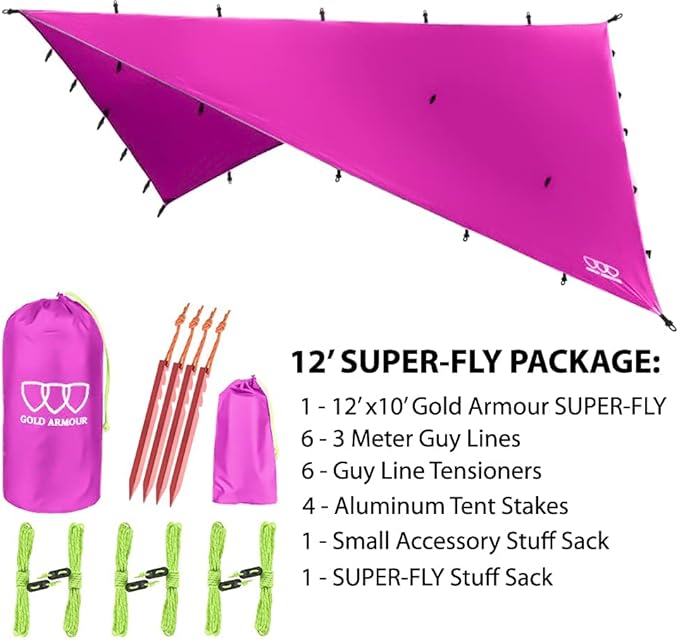 Gold Armour Rainfly Tarp Hammock Premium 14.7ft/12ft/10ft/8ft Rain Fly Cover Waterproof Ultralight Camping Shelter Canopy Survival Equipment Gear Tent Accessories (Pink 12ft x 10ft)