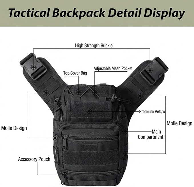 Tactical Backpack for MenMilitary Sport Bag Pack Sling Shoulder Backpack Tactical Crossbody Bag EDC Molle Assault Range Bag Chest Pack for Hiking Camping Outdoor - Black
