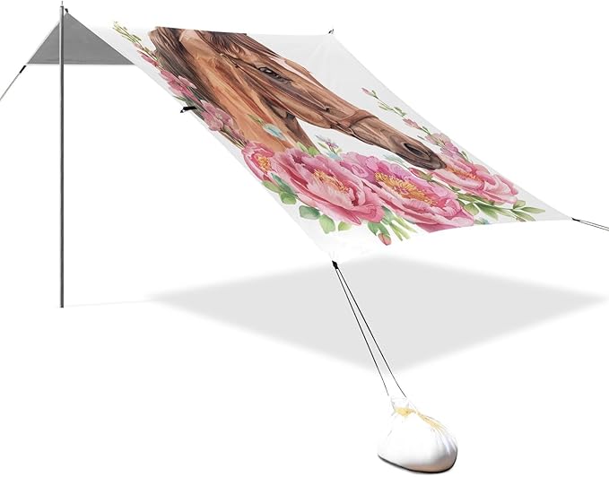ALAZA Horse Peony Flower Floral Beach Tent Sun Shelter UPF50+ Protection Beach Shade Canopy w/ 4 Sandbags for Outdoor Camping Fishing Backyard Fun Picnic 10x9 ft
