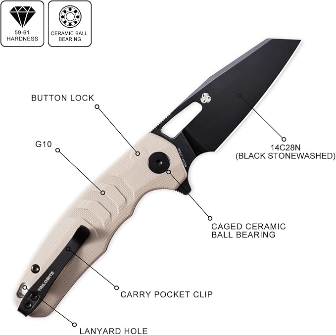 Petrified fish PFE17 Trilobite Folding Knife3.03 14C28N Steel Black Stonewashed Blade G10 Handle Camping Folding knife for EDC Outdoor (Khaki Stonewashed)