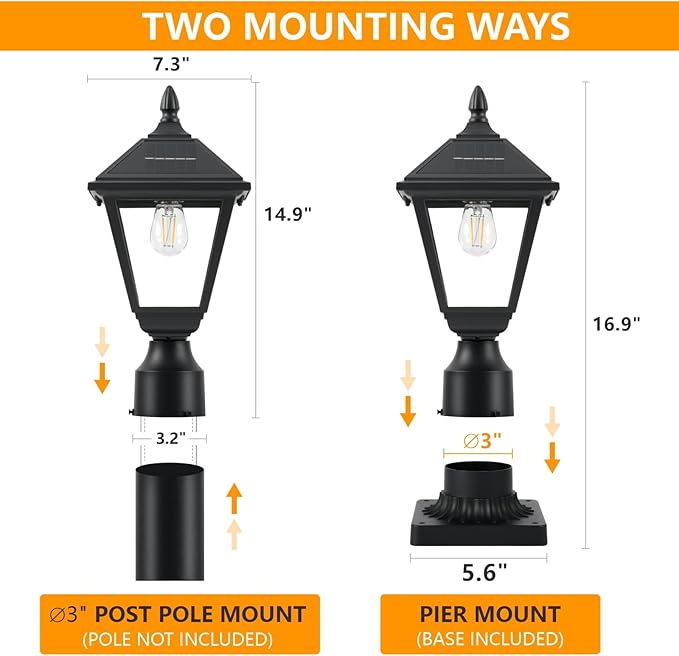 Solar Lamp Post Light 3000K Dusk to Dawn Solar Post Lights with Pier Mount Base Waterproof Outdoor Post Lantern Aluminum &amp Glass Housing for Garden Yard Pole Pillar