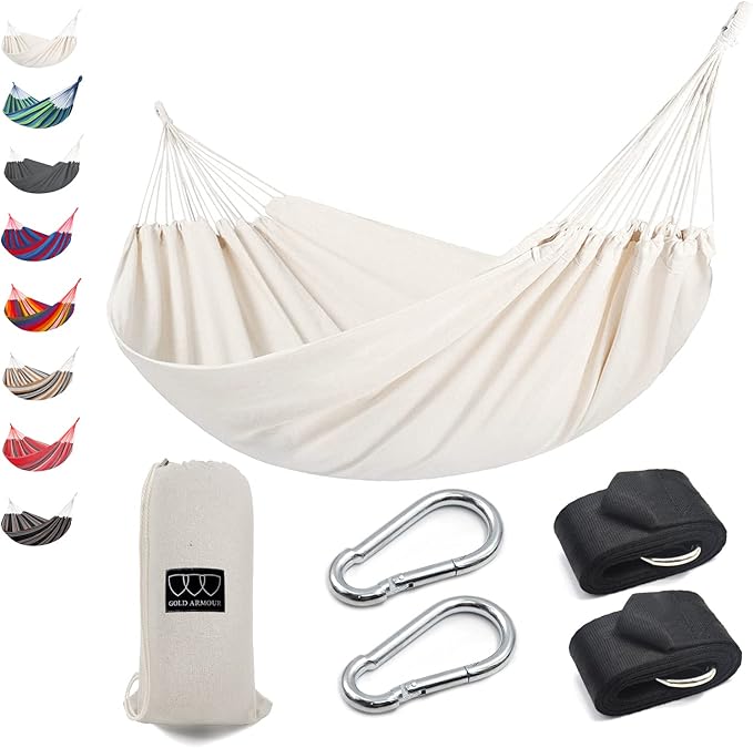 Gold Armour Brazilian Style Hammock with Tree Straps for Hanging Portable Single Double Hammock for Camping Outdoor Indoor Patio Backyard (Beige White)