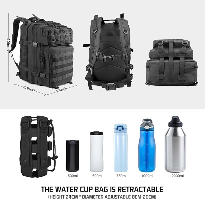 45L Military Tactical Backpacks For Men Camping Hiking Trekking Daypack With Removable Water Bottle Pouch Bug Out Bag Lage MOLLE 3 Day Assault Pack - Balck Army Pack
