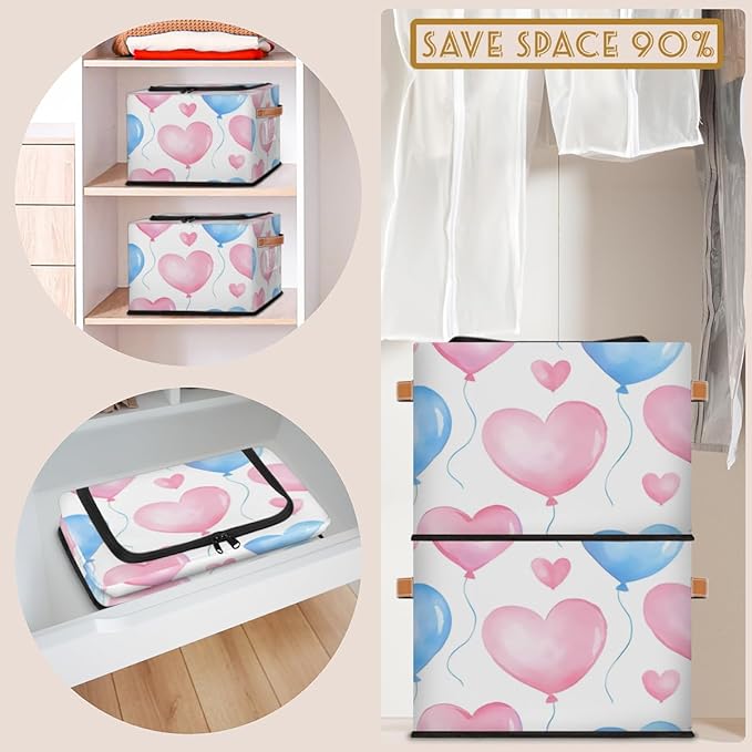 Valentine¡¯s Day Storage Bins with Zipper Lid Love Heart Balloons Fabric Lidded Storage Baskets Cubes with Handles Decorative Foldable Shelf Closet Organizer Container