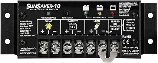 Morningstar SunSaver 10A PWM Solar Charge Controller (SS-10-12V) - Regulator for 12V Batteries Four Stage Battery Charging HazLoc Rated Low Noise 5 Year WTY - Designed in The USA