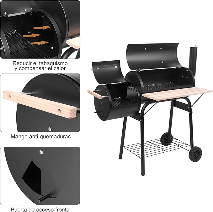 BBQ Charcoal GrillOutdoor Patio Barbecue Cooker with Offset SmokerTray &amp WheelsBarrel BBQ Grill for Outdoor Balcony PicnicsParty and Camping