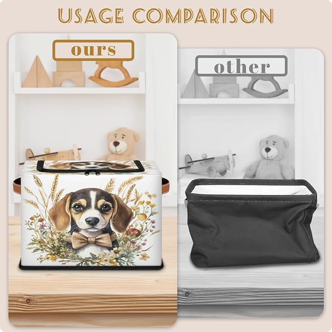 Beagle Dog Storage Box with Lid Golden wheat ears Collapsible Storage Bins Baskets Cubes Closet Shelf Clothes Organizer Containers with PU Leather Handles