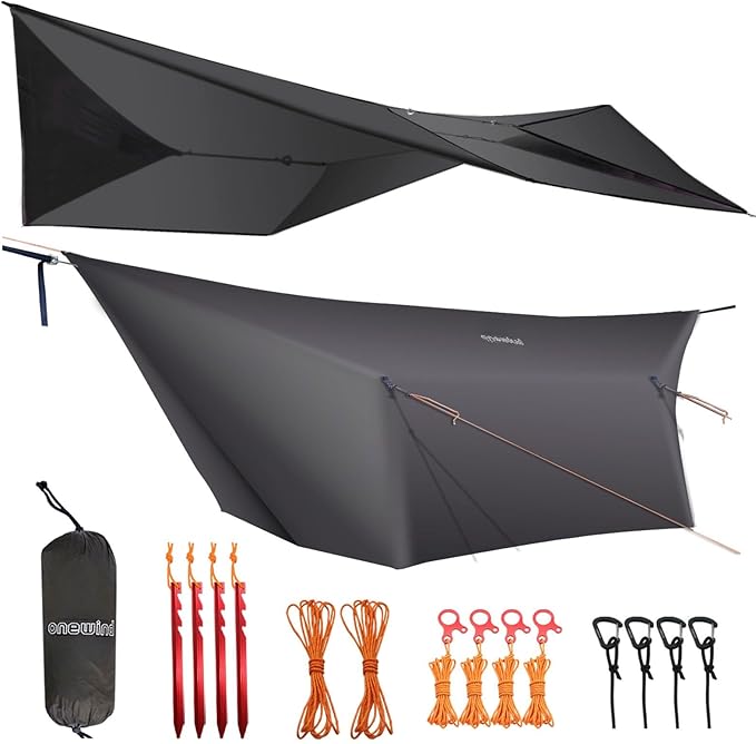 onewind 12×10 ft Hammock Tarp Ultralight Versatile Camping Tarp Lightweight Waterproof Silnylon Hammock Rain Fly with Doors Easy to Setup with Stuff Sack Tent Stakes Dark Grey
