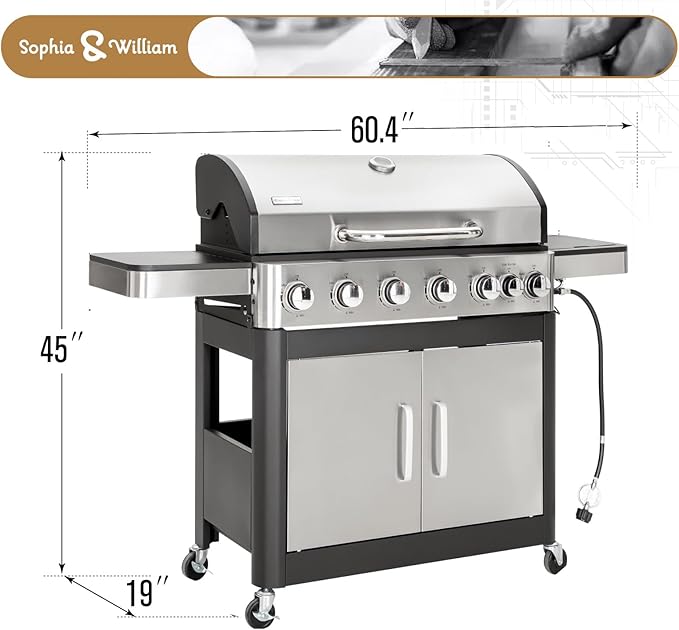 Sophia &amp William 6-Burner Propane Gas BBQ Grill with Side Burner &amp Porcelain-Enameled Cast Iron Grates Stainless Steel Barbecue Grills Outdoor Cooking for Outside 665 SQ.IN. Cooking Area 65