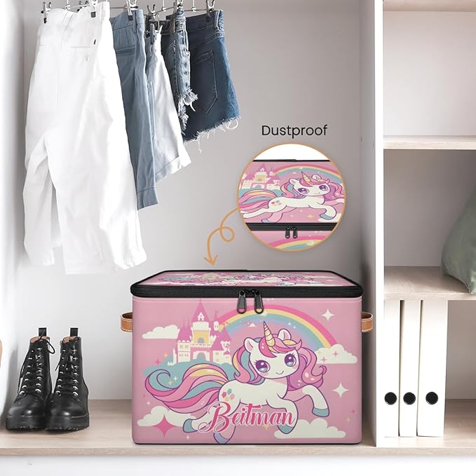 Storage-Bins with Lids Personalized Closet-Storage-Bins Under-Bed Stackable-Cubes-Box for Home Bedroom Rainbow Unicorn
