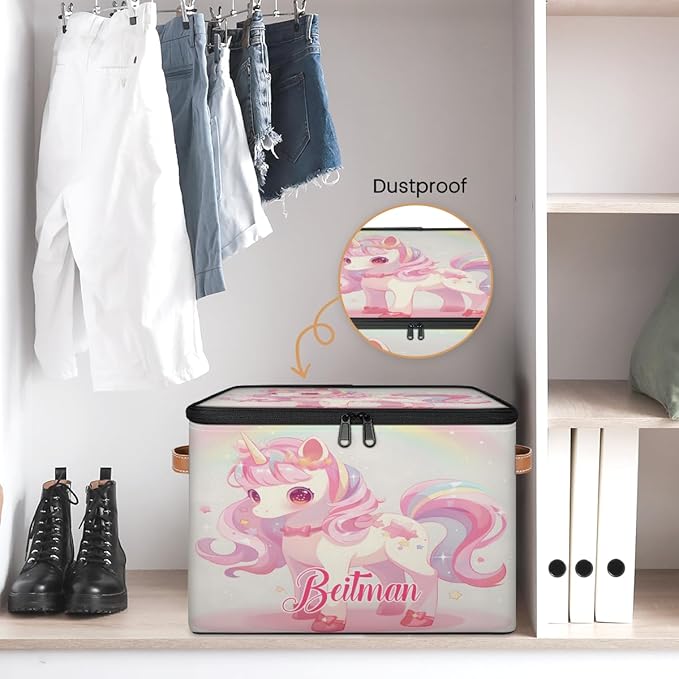 Storage-Bins with Lids Handle Customized Stackable-Storage-Bin for Kids-Boys-Girls-Toys Cube Collapsibl Basket Unicorn Stars