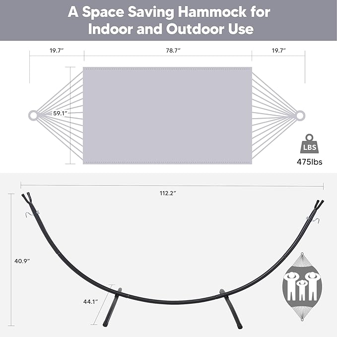 SUNCREAT Stand Alone Hammocks for Outside 2 Person Self Standing Hammock Light Gray