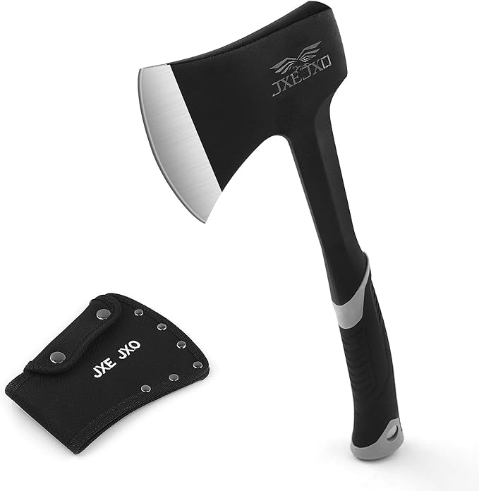 JXE JXO Camping Axe &amp Hatchets - 14.4 Chopping Axe with Sheath Forged Steel Construction &amp Ergonomic Shock-Absorbing Grip (Grey