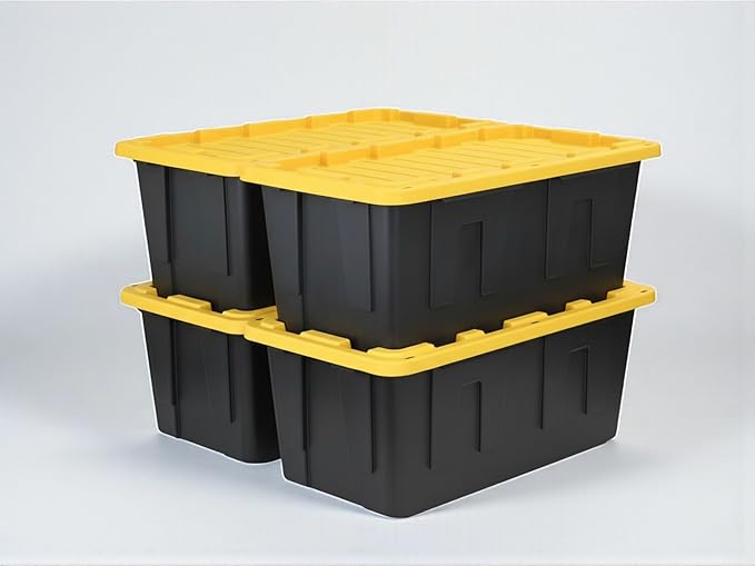 Heavy-Duty Storage Tote with Lid Black and Yellow 40 Gallon 22.0 D x 38.2 W x 16.4 H (4 PACK)