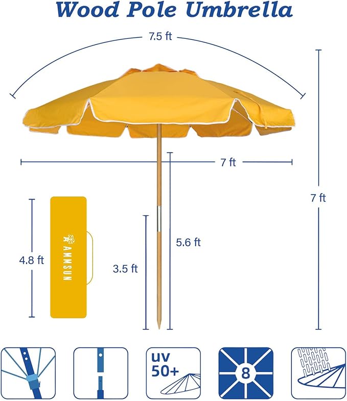 AMMSUN 7.5ft Heavy Duty High Wind Beach Umbrella Commercial Grade with Air Vent Ash Wood Pole &amp Carry Bag UPF 50+ Sun Protection for Patio Garden Pool Backyard Yellow