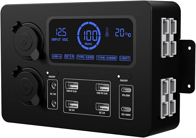 fangzi Mini Power BoxMini Power Box 12V 100W LCD Display Power Box with LED Lights USB-C &amp QC3.0 Ports Portable Control Hub for RVs SUVs Boats Yachts Cars