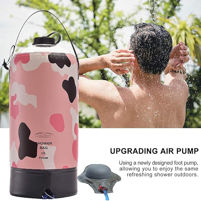 Portable Camping Shower Outdoor Solar Camp Shower Bag 10L/2.64 Gallons with Pressure Foot Pump and Shower Hose for Beach Camping Hiking Cycling Backpacking