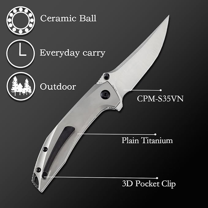 KANSEPT Baku Pocket Folding Knives for Men EDC Camping Folding Knife 3.2'' Satin CPM-S35VN Material Outdoor Folding Knives with Plain Titanium Handle Everyday Carry K1056A3