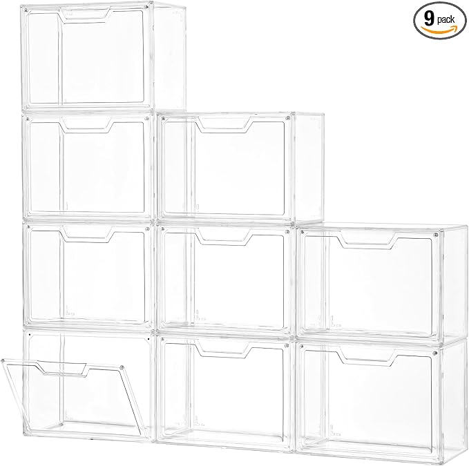 Freebat Stackable Storage Bins Clear Acrylic Display Case 9-Pack Acrylic Boxes with Lids Clear Storage Containers Storage for Handbags Collectibles &amp Figures