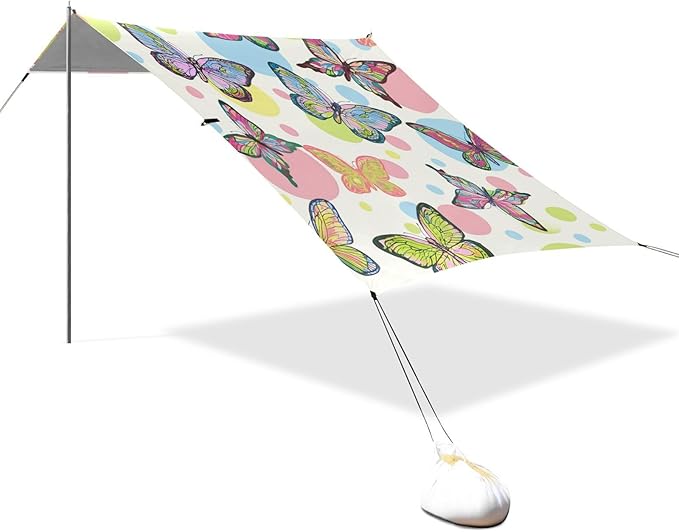 Beach Canopy with Windproof Ropes &amp Sandbags Beach Tent Sun Shade Sun Shelter for Camping Trips Fishing Backyard Fun or Picnics Butterfly