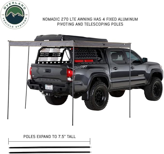 Overland Vehicle Systems 19689909 HD Nomadic 270 LTE Awning Passenger Side | 65 Sq Ft of Coverage | Dark Gray Fabric with Travel Cover Included | Twist and Lock Technology | Weather-Resistant