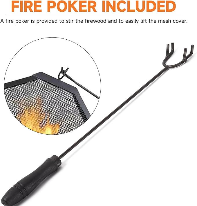 33-Inch Square Fire Pit Large Metal Fireplace/Firepit with Mesh Lid Poker Waterproof Cover