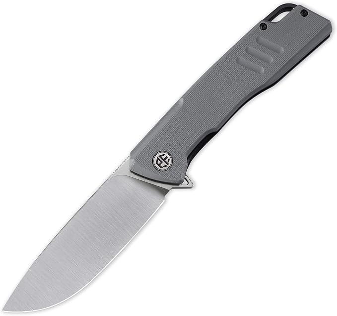 Petrified fish PFB02 Loco Pocket Knife 3.70 D2 Satin Blade Camping Knife 5.29oz G10 Handle Flipper Liner lock Folding knife for EDC (Gray Satin)
