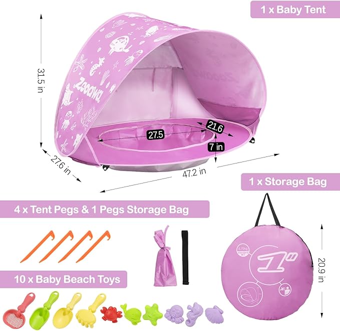 Zooawa Baby Beach Tent Pop Up Beach Tent Sun Shade for Beach Portable Shade Pool UV Protection Sun Shelter for Infant with Beach Sand Toys Set
