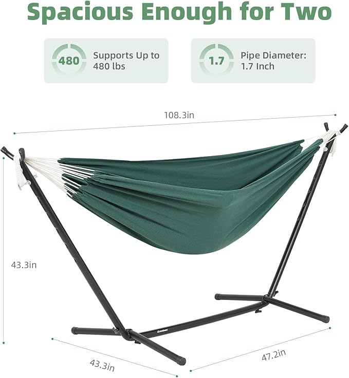 EchoSmile Double Hammock with Detachable Stand - 480 lbs Heavy Duty 2 Person Adjustable Hooks Indoor Outdoor Stand Hammock Durable Steel Frame Green