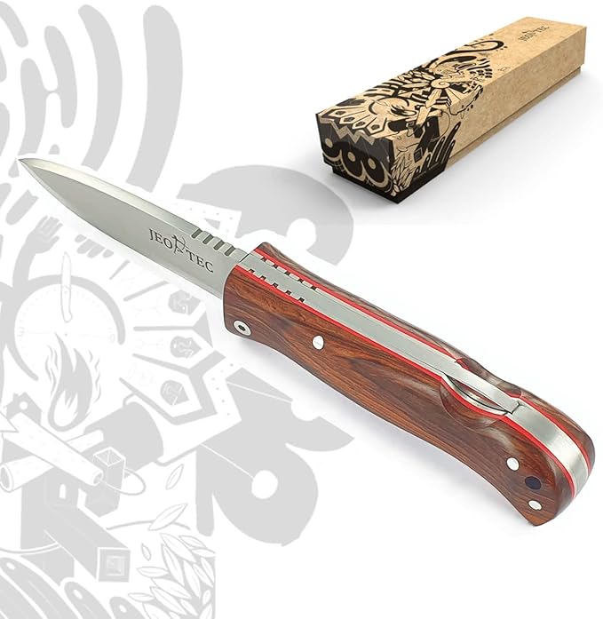 JEO-TEC Nº16 Pocket Folding Knife for Bushcraft Survival Camping Hunting Fishing Outdoor Stainless Steel Sandvik 14C28N Scandi Blade Handmade