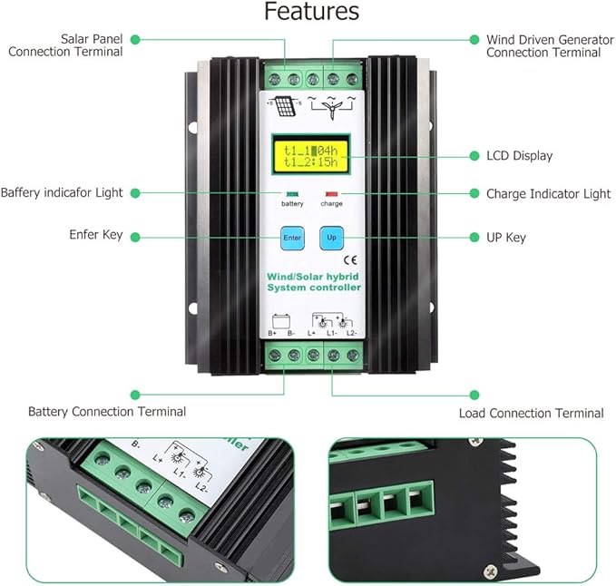 SolaMr 1000W 12V / 24V Wind Solar Hybrid Charge Controller Fits for 600W Wind and 400W Solar Power Boost Charge Solar PWM Charging Technology Digital Intelligent Regulator with LCD Display