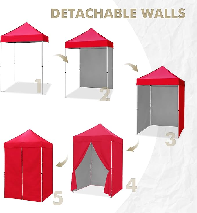 EAGLE PEAK 5x5 Instant Canopy with 4-Side Wall Panels Small Pop up Portable Canopy Tent with Carry Bag Light Weight Sun Shelter for Sports Camping and Beach Red