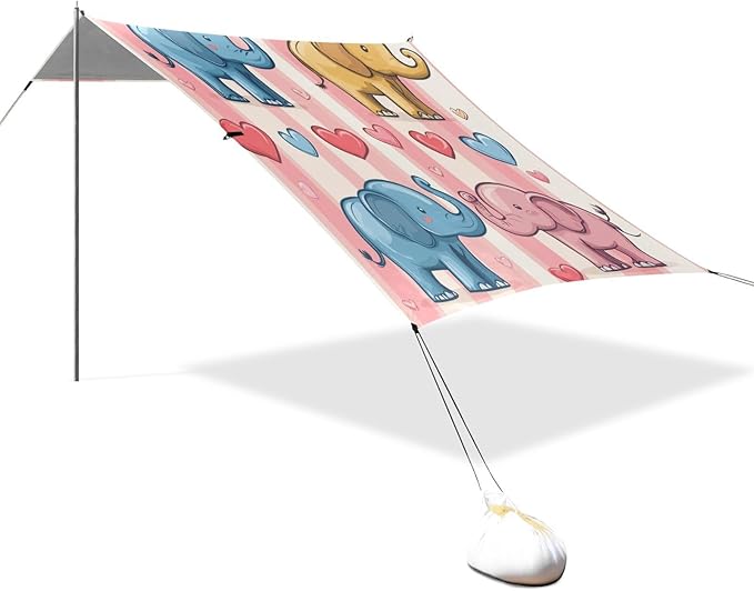 Elephants Love Stripes Beach Tent Sun Shelter Set UPF50+ UV Protection 10.5 x 9.19 FT Camping Shade Canopy with Sandbags Sand Anchors Carrying Bag and Others