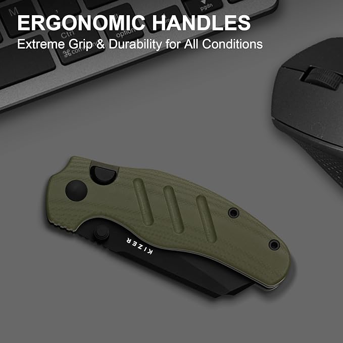 Kizer C01C 275 Sheepdog Pocket Knife 2.75 D2 Blade Folding Knife Button Liner Lock Thumb Stud Opener Green G10 Handle Small EDC Knives for Camping Survival V3488.27M3