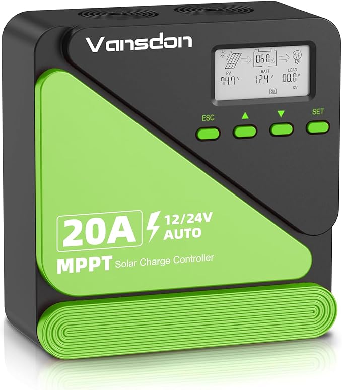 Vansdon 20A Solar Charge Controller 12V/24V MPPT Solar Charge Controller Adjustable LCD with Timer Dual USB Ports for RV Boat Cabin Off-Grid Systems Compatible with FLD/LiFePO4/SLD/GEL/AGM