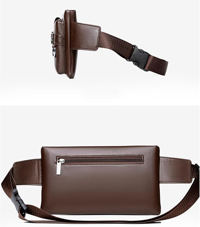 Mens Crossbody Bag Brown Leather Lightweight Anti-Theft Slim Chest Sling Pack with Adjustable Strap for Travel Gym Running Hiking Everyday Carry Essentials