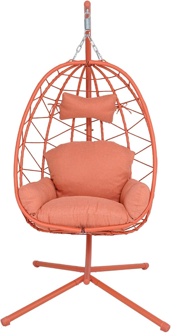 Hanging Egg Chair with Stand Outdoor Indoor Patio Rattan Swing Hammock Chairs with Washable Cushion PE Wicker Swing Chair for Backyard Bedroom Garden (Orange Red + Orange Red Cushion No Footrest)