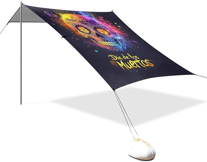 ALAZA Sugar Skull Dia De Los Muertos Beach Tent Sun Shelter UPF50+ Protection Beach Shade Canopy w/ 4 Sandbags for Outdoor Camping Fishing Backyard Fun Picnic 10x9 ft