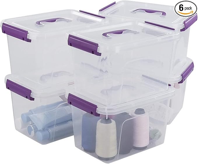 Clear Plastic Bin with Lid 6 Quart Latching Box with Purple Handle 6 Packs