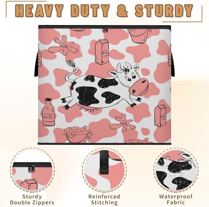 Large Milk Cow Storage Bags with Lid XL Blanket Clothes Storage Bins Foldable Organizers Storage Containers with Handle for Comforters Bed Sheets Pillows Cow