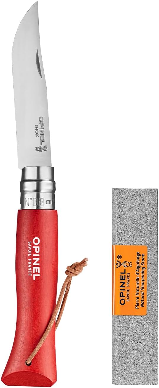 Opinel Colorama Series No. 8 - Stainless Steel Everyday Carry Folding Pocket Knife with Leather Strap Painted Hornbeam Handles