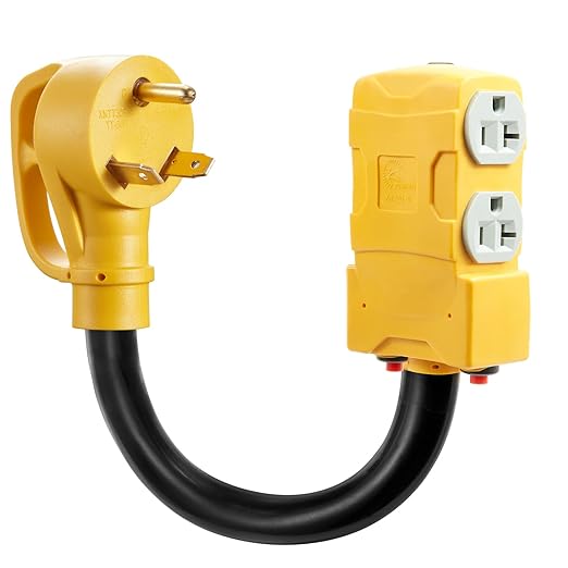 50 Amp to 20 Amp 110V RV Distribution AdapterNEMA 14-50P to 4 X 5-20R/15R RV 4-Prong to Mutiple Household Outlet w/ 20Amp Circuit Breaker RV Generator Distribution Cord (TT-30P-4 X 5-20R/15R)