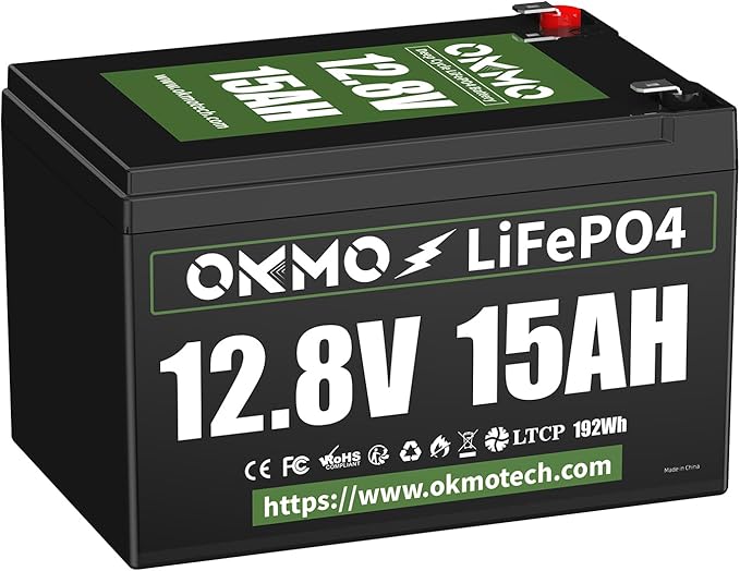 OKMO 12V 15Ah LiFePO4 Lithium Battery 12.8V 15000+ Deep Cycles rechargeable for Lighting Kayak Fish Finder Radio Backup Power and More