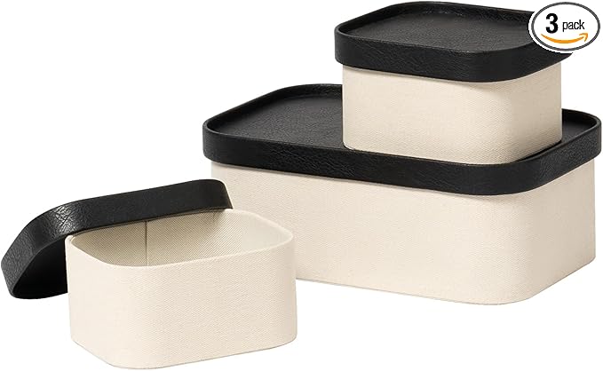 LA JOLIE MUSE Fluted Cardboard Storage Baskets with Leather-Like Lids Sturdy Stackable Paper Boxes Decorative Tray Black &amp Beige Set of 3